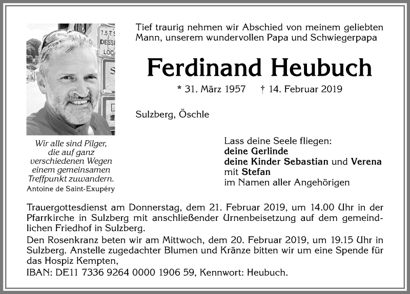  Traueranzeige für Ferdinand Heubuch vom 19.02.2019 aus Allgäuer Zeitung,Kempten
