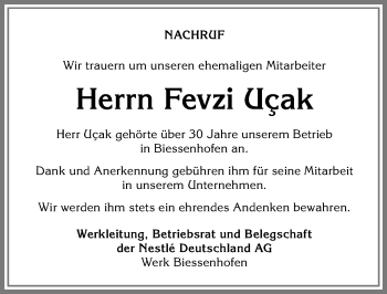 Traueranzeige von Fevzi Ucak von Allgäuer Zeitung