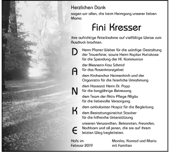 Traueranzeige von Fini Kresser von Der Westallgäuer