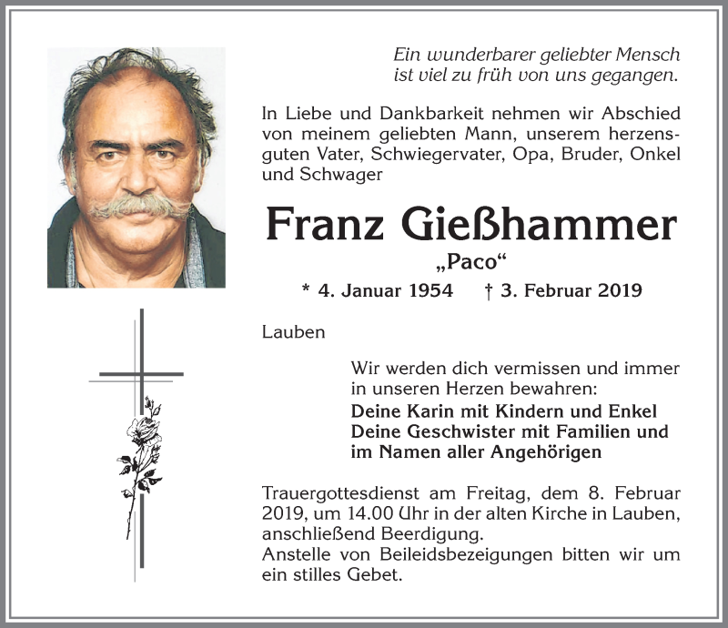  Traueranzeige für Franz Gießhammer vom 06.02.2019 aus Allgäuer Zeitung,Kempten