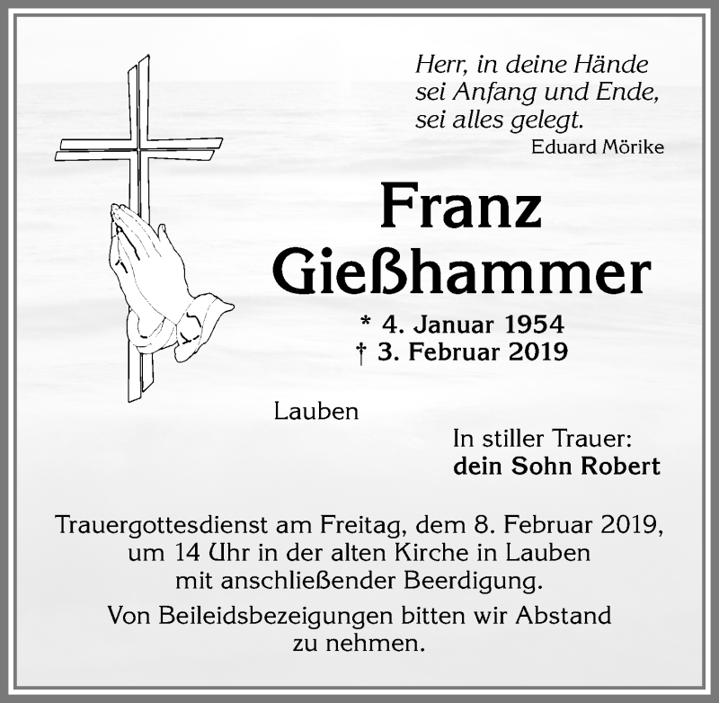 Traueranzeige für Franz Gießhammer vom 07.02.2019 aus Allgäuer Zeitung,Kempten