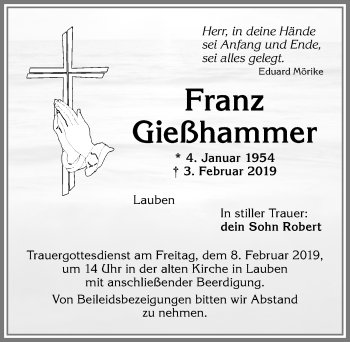 Traueranzeige von Franz Gießhammer von Allgäuer Zeitung,Kempten