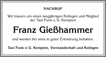 Traueranzeige von Franz Gießhammer von Allgäuer Zeitung,Kempten