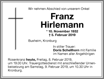 Traueranzeige von Franz Hirlemann von Memminger Zeitung