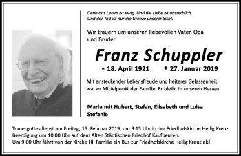 Traueranzeige von Franz Schuppler von Allgäuer Zeitung, Kaufbeuren/Buchloe
