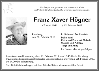 Traueranzeige von Franz Xaver Högner von Allgäuer Zeitung, Marktoberdorf