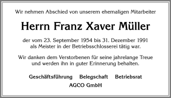 Traueranzeige von Franz Xaver Müller von Allgäuer Zeitung, Marktoberdorf