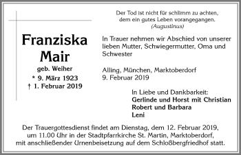 Traueranzeige von Franziska Mair von Allgäuer Zeitung, Marktoberdorf