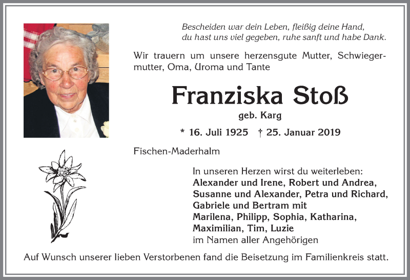  Traueranzeige für Franziska Stoß vom 01.02.2019 aus Allgäuer Anzeigeblatt