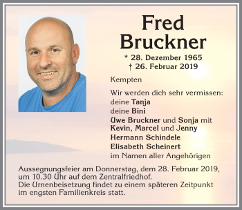 Traueranzeige von Fred Bruckner von Allgäuer Zeitung,Kempten
