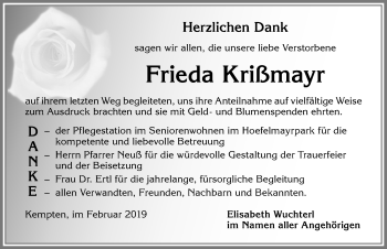Traueranzeige von Frieda Krißmayr von Allgäuer Zeitung,Kempten