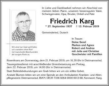 Traueranzeige von Friedrich Karg von Allgäuer Zeitung,Kempten