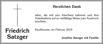 Traueranzeige von Friedrich Satzger von Allgäuer Zeitung, Kaufbeuren/Buchloe