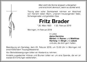 Traueranzeige von Fritz Brader von Memminger Zeitung