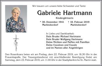 Traueranzeige von Gabriele Hartmann von Allgäuer Zeitung, Marktoberdorf