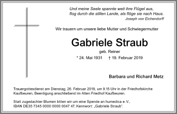 Traueranzeige von Gabriele Straub von Allgäuer Zeitung, Kaufbeuren/Buchloe