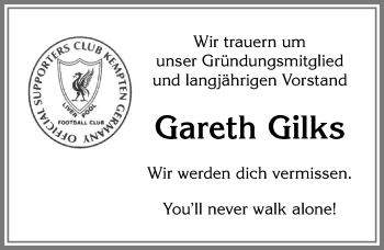 Traueranzeige von Gareth Gilks von Allgäuer Zeitung,Kempten