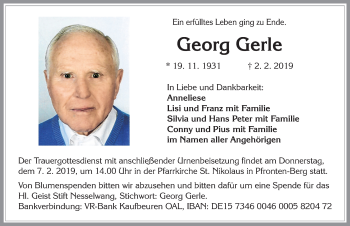 Traueranzeige von Georg Gerle von Allgäuer Zeitung, Füssen