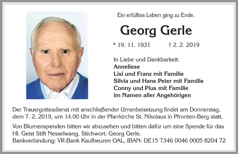  Traueranzeige für Georg Gerle vom 04.02.2019 aus Allgäuer Zeitung, Füssen