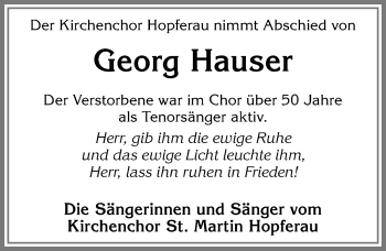 Traueranzeige von Georg Hauser von Allgäuer Zeitung, Füssen
