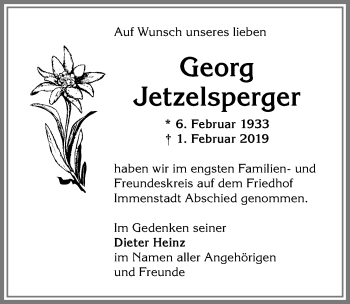 Traueranzeige von Georg Jetzelsperger von Allgäuer Anzeigeblatt