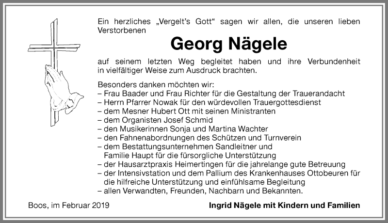  Traueranzeige für Georg Nägele vom 09.02.2019 aus Memminger Zeitung