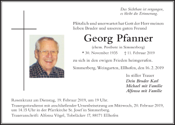 Traueranzeige von Georg Pfanner von Der Westallgäuer