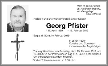 Traueranzeige von Georg Pfister von Memminger Zeitung