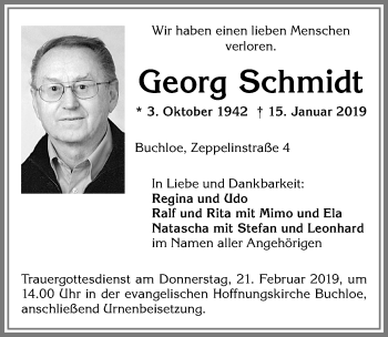 Traueranzeige von Georg Schmidt von Allgäuer Zeitung, Kaufbeuren/Buchloe