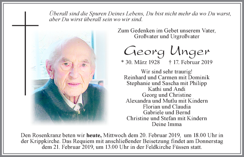 Traueranzeige für Georg Unger vom 20.02.2019 aus Allgäuer Zeitung, Füssen