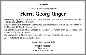 Traueranzeige von Georg Unger von Allgäuer Zeitung, Füssen