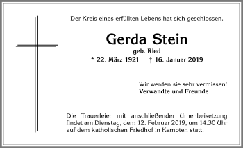 Traueranzeige von Gerda Stein von Allgäuer Zeitung,Kempten