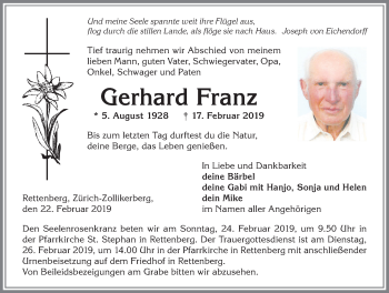 Traueranzeige von Gerhard Franz von Allgäuer Anzeigeblatt