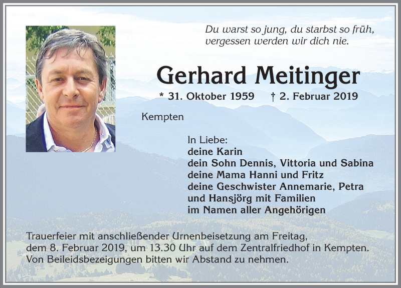  Traueranzeige für Gerhard Meitinger vom 05.02.2019 aus Allgäuer Zeitung,Kempten