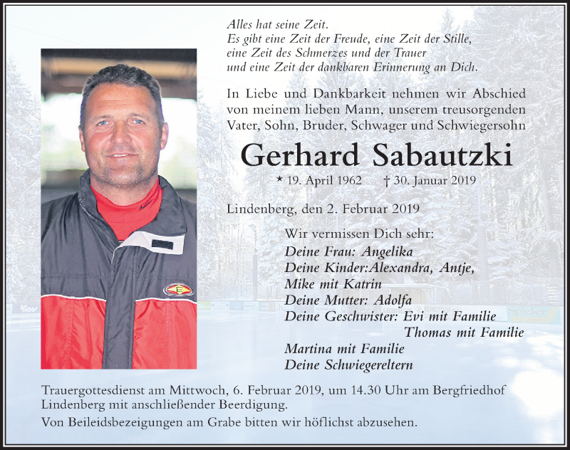  Traueranzeige für Gerhard Sabautzki vom 02.02.2019 aus Der Westallgäuer