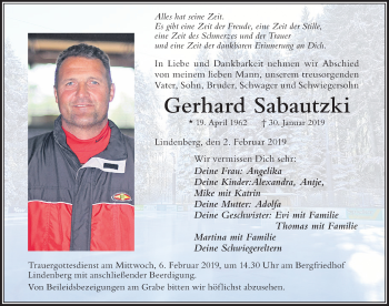 Traueranzeige von Gerhard Sabautzki von Der Westallgäuer