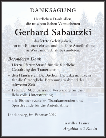 Traueranzeige von Gerhard Sabautzki von Der Westallgäuer