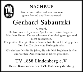 Traueranzeige von Gerhard Sabautzki von Der Westallgäuer