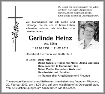 Traueranzeige von Gerlinde Heinz von Allgäuer Anzeigeblatt