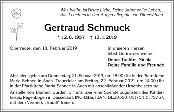 Traueranzeige von Gertraud Schmuck von Allgäuer Anzeigeblatt