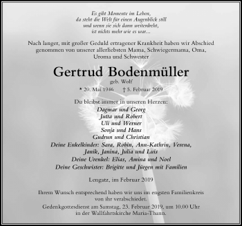 Traueranzeige von Gertrud Bodenmüller von Der Westallgäuer