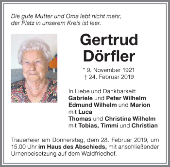 Traueranzeige von Gertrud Dörfler von Memminger Zeitung