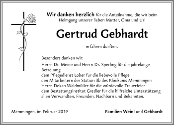 Traueranzeige von Gertrud Gebhardt von Memminger Zeitung