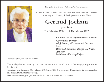 Traueranzeige von Gertrud Jocham von Der Westallgäuer
