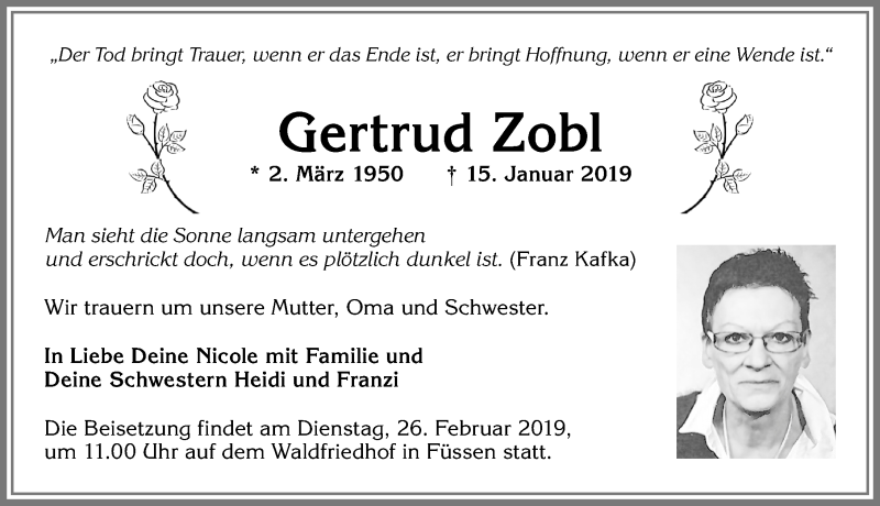  Traueranzeige für Gertrud Zobl vom 23.02.2019 aus Allgäuer Zeitung, Füssen