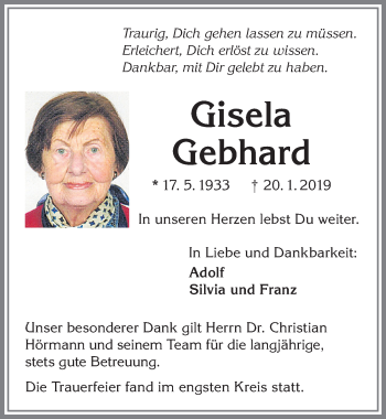 Traueranzeige von Gisela Gebhard von Allgäuer Zeitung,Kempten