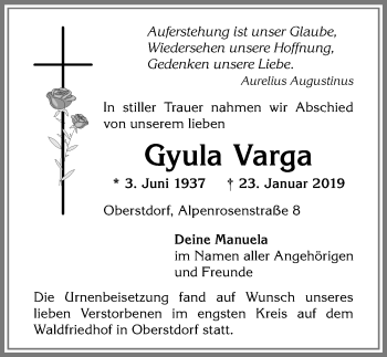 Traueranzeige von Gyula Varga von Allgäuer Anzeigeblatt