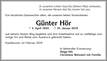 Traueranzeige von Günter Hör von Allgäuer Zeitung, Kaufbeuren/Buchloe