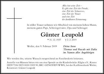 Traueranzeige von Günter Leupold von Der Westallgäuer