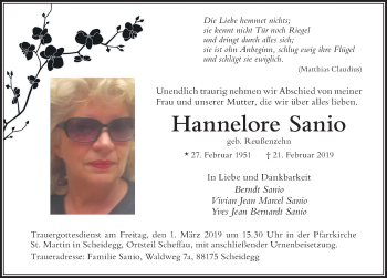Traueranzeige von Hannelore Sanio von Der Westallgäuer